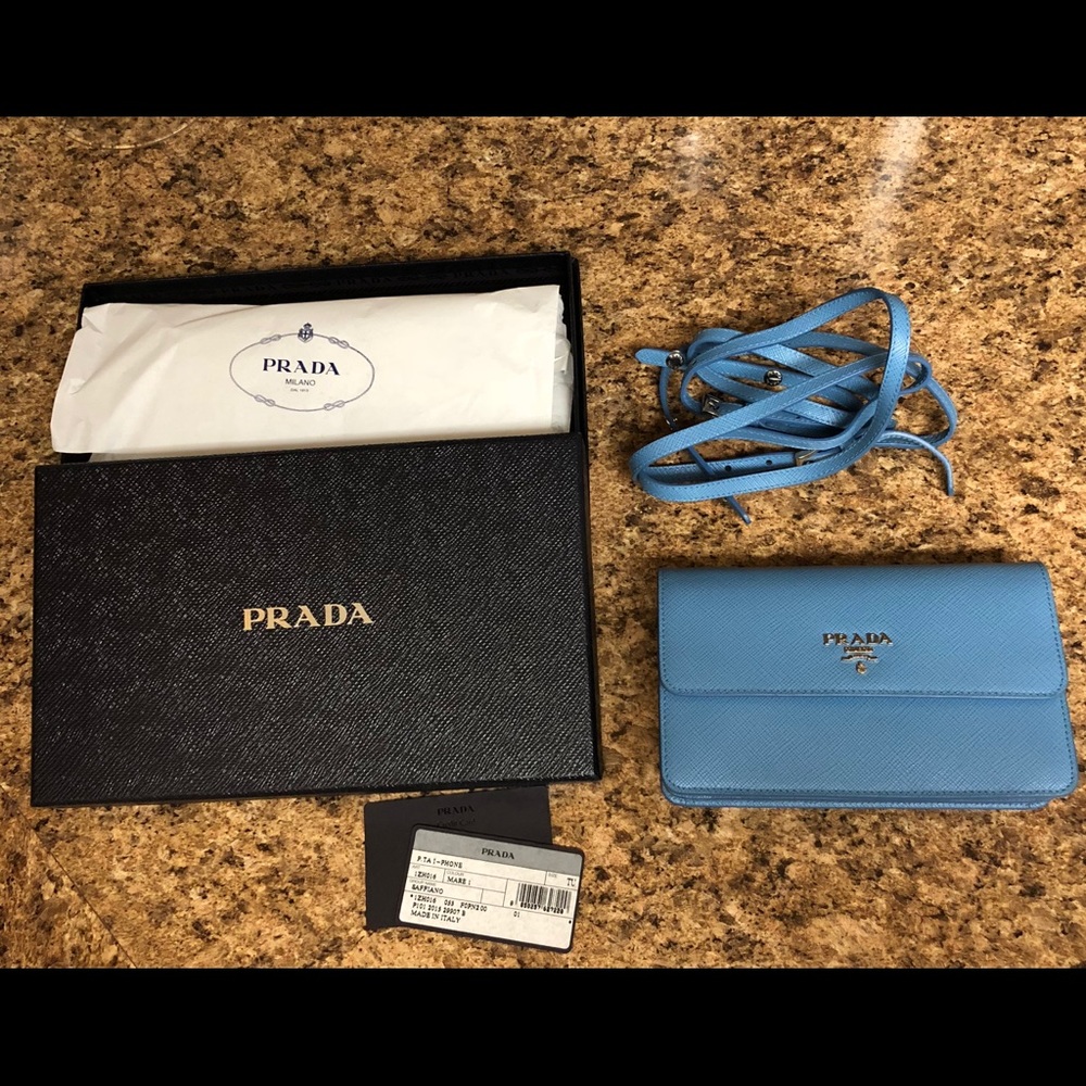 Prada Saffiano Wallet On Strap, Light Blue